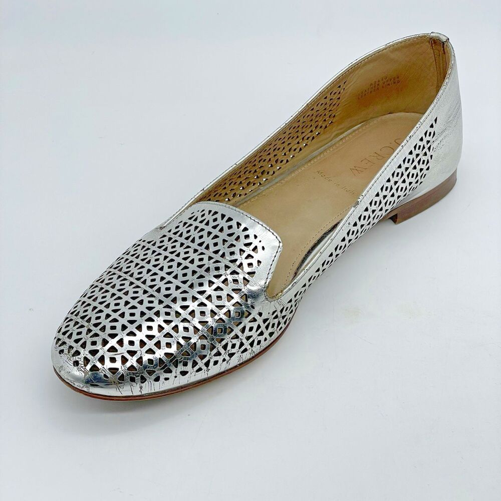 J. Crew Cleo Perforated Metallic Leather Loafers Women’s 8 Silver Made in Italy